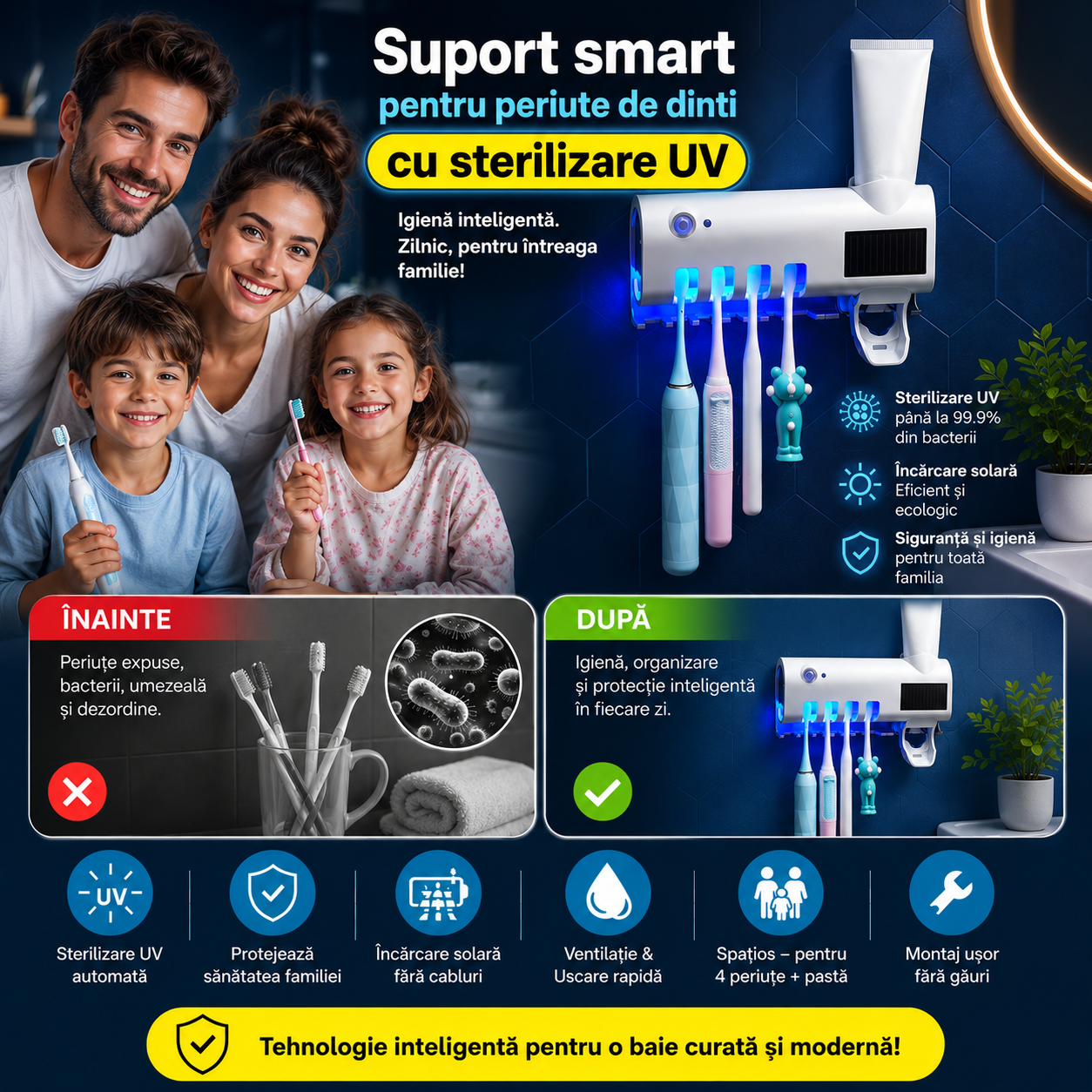 Suport smart periuțe de dinți cu sterilizare UV