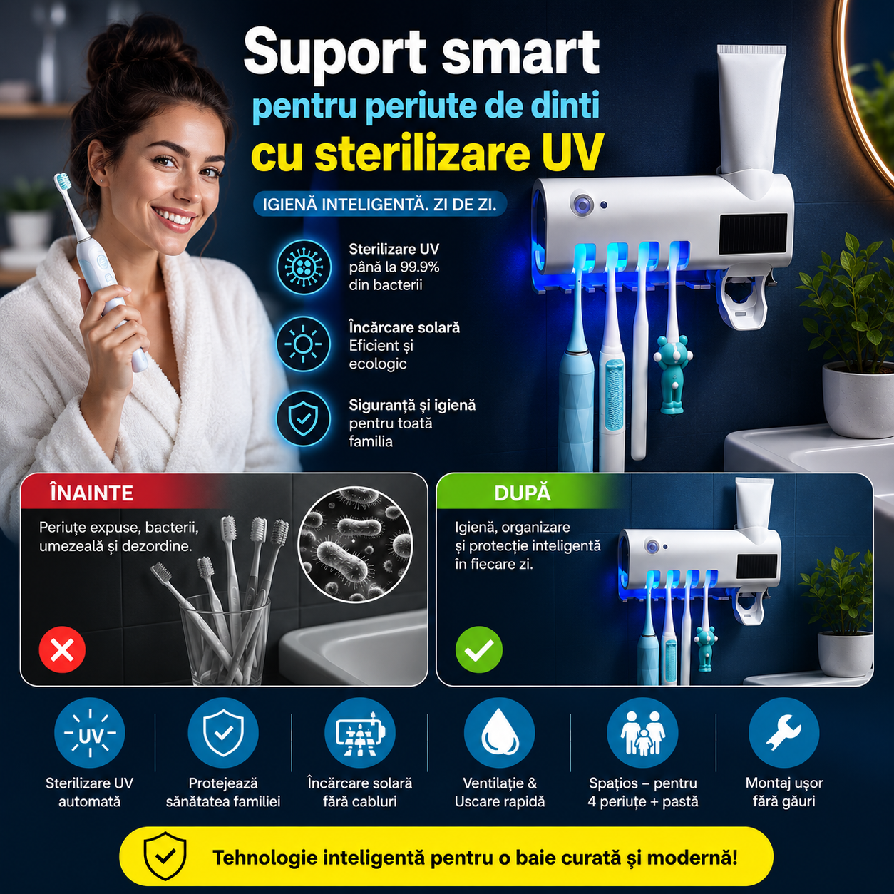 Suport smart periuțe de dinți cu sterilizare UV