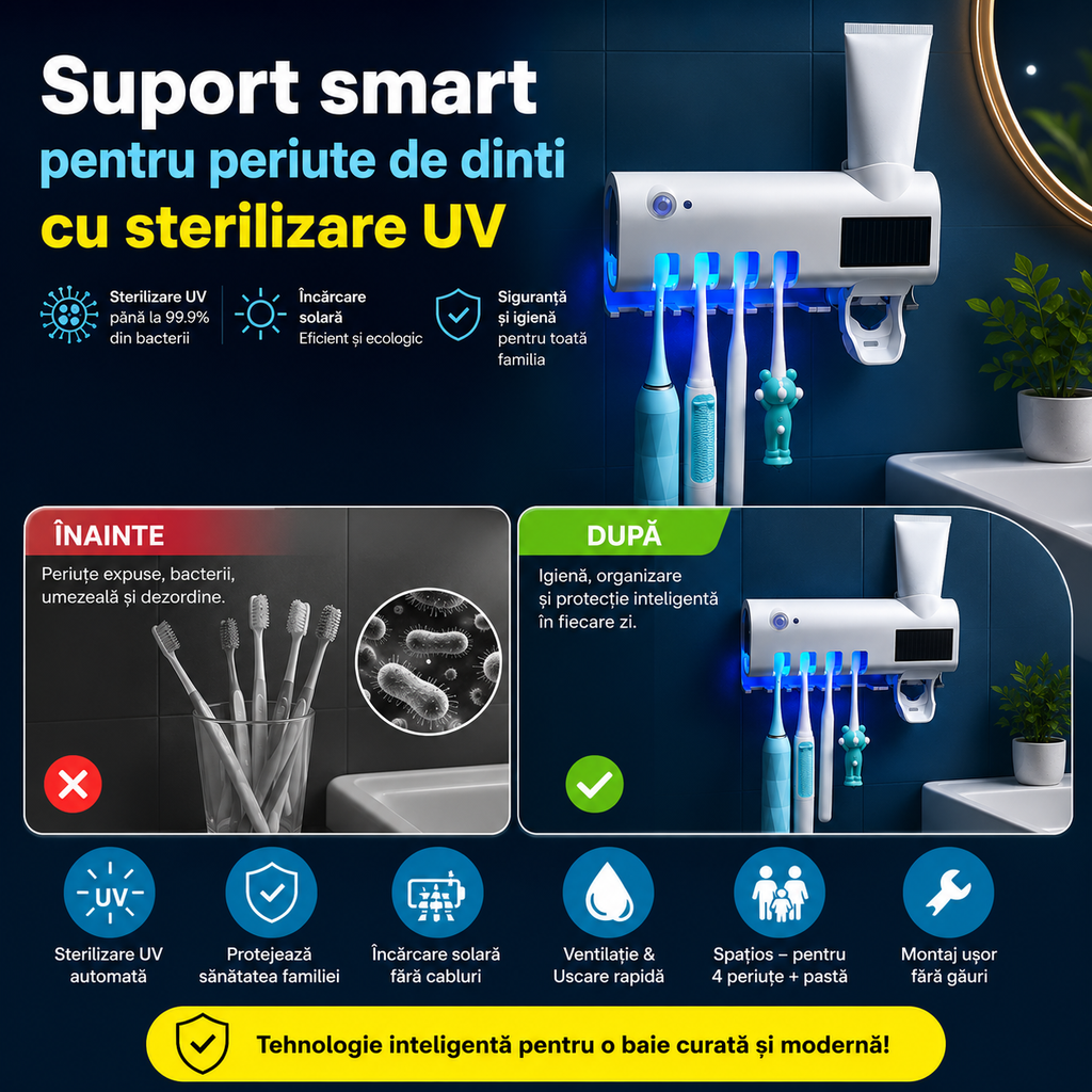 Suport smart periuțe de dinți cu sterilizare UV