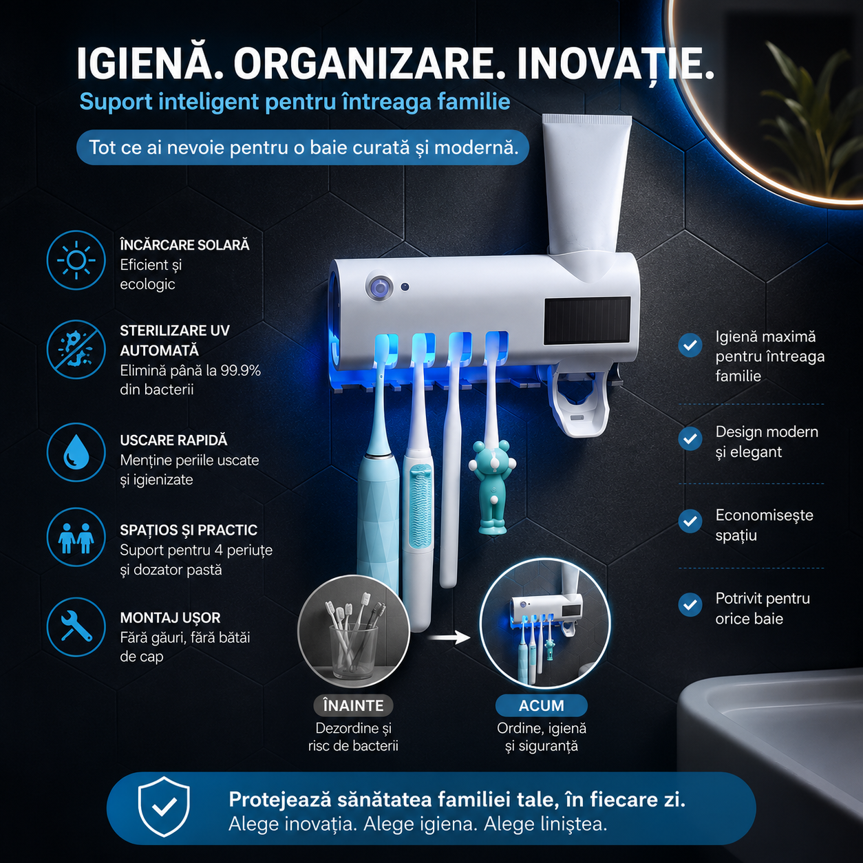 Suport smart periuțe de dinți cu sterilizare UV