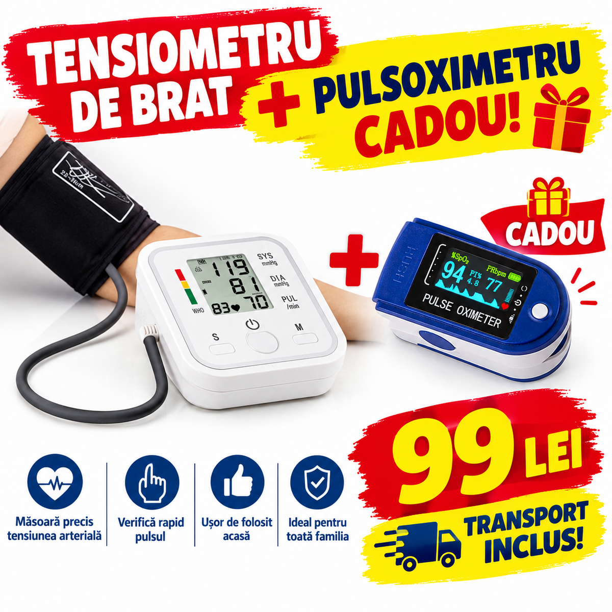 Tensiometru de brat + Pulsoximetru CADOU