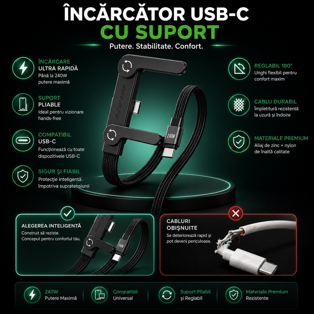Cablu Încărcare Rapidă USB-C cu Suport 90°