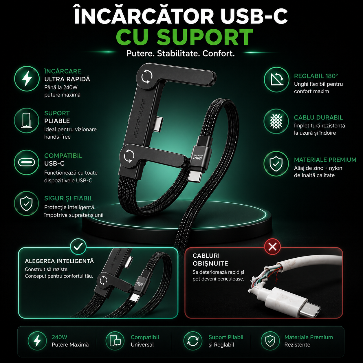 Cablu Încărcare Rapidă USB-C cu Suport 90°