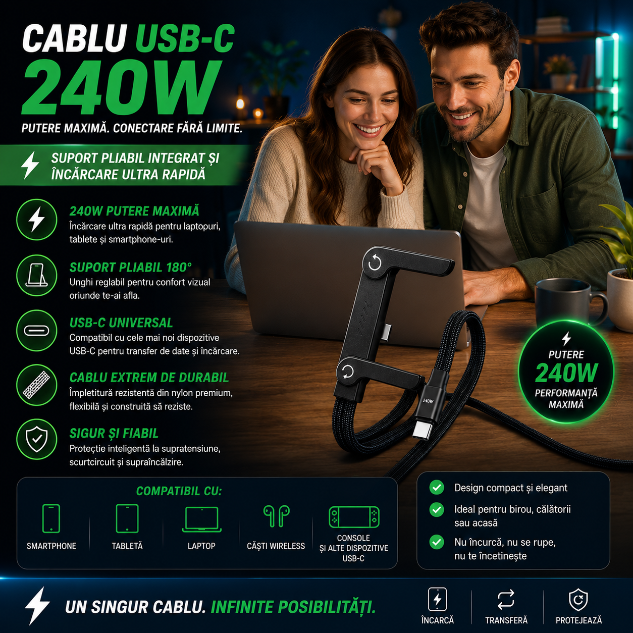 Cablu Încărcare Rapidă USB-C cu Suport 90°