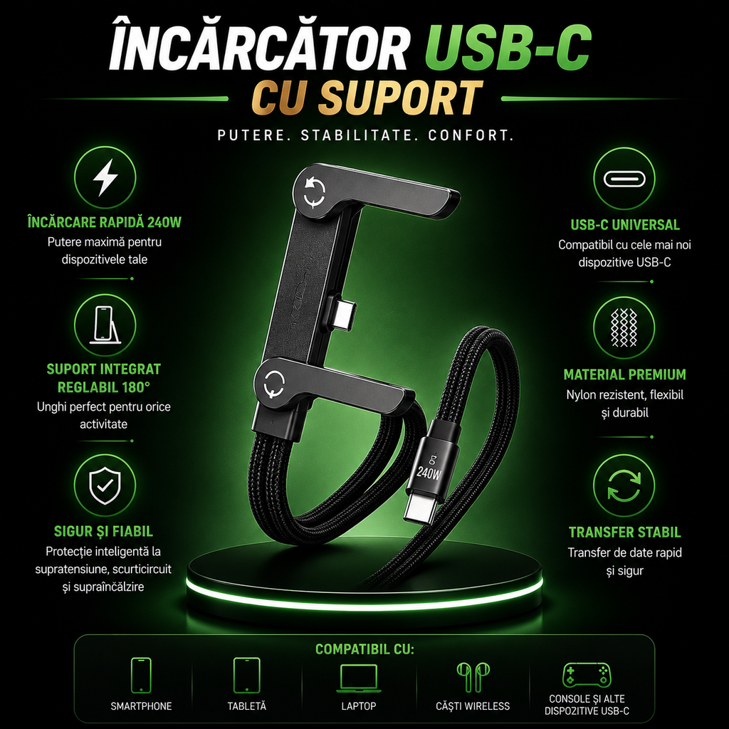 Cablu Încărcare Rapidă USB-C cu Suport 90°