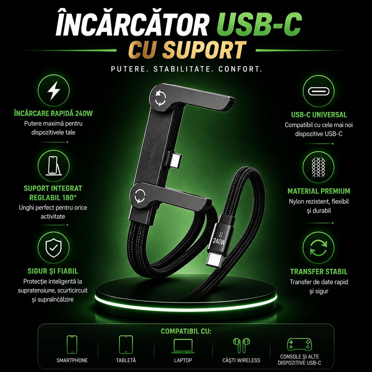 Cablu Încărcare Rapidă USB-C cu Suport 90°