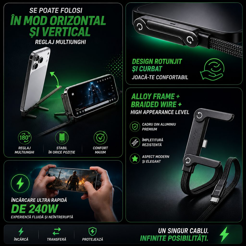 Cablu Încărcare Rapidă USB-C cu Suport 90°