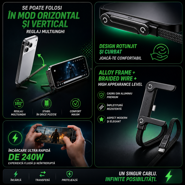 Cablu Încărcare Rapidă USB-C cu Suport 90°