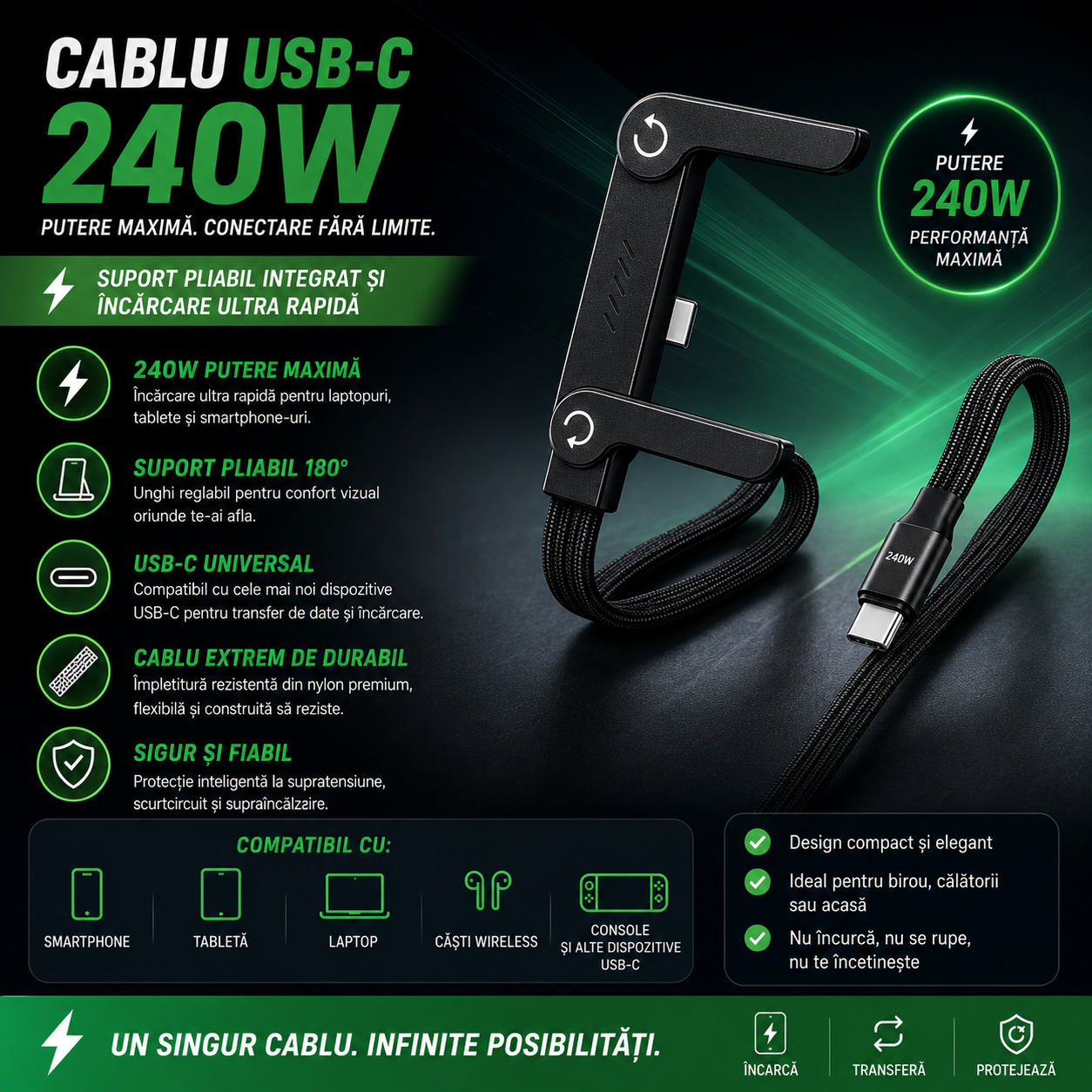 Cablu Încărcare Rapidă USB-C cu Suport 90°