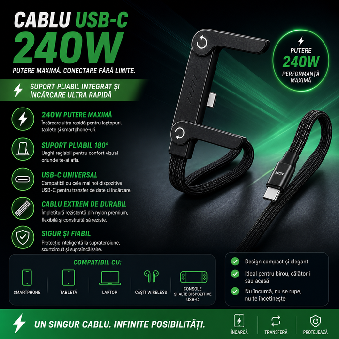 Cablu Încărcare Rapidă USB-C cu Suport 90°