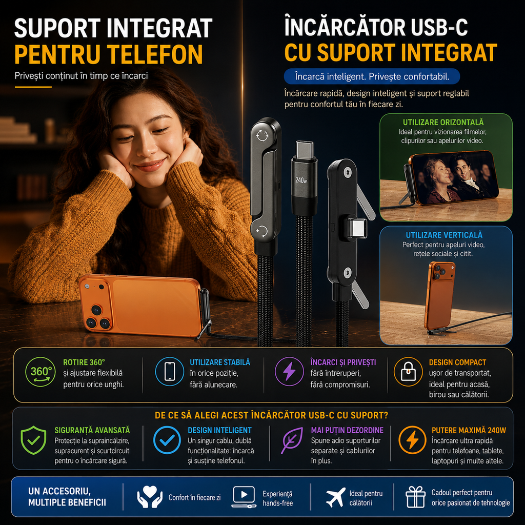 Cablu Încărcare Rapidă USB-C cu Suport 90°